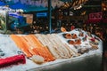 Fillet of fresh fish on ice. Farmers seafood market, supermarket. Sale of seafood, fish steaks