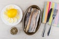Fillet of herring, knife, fork, lemon, boiled eggs in plate Royalty Free Stock Photo