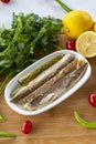 Fillet mackerel on wooden background. Seafood dishes. Royalty Free Stock Photo