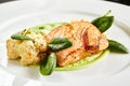 Fillet of Salmon 48 Degrees, Green Peas Cream and Burnt Cauliflower