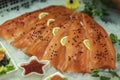 Fillet of salmon to portions on ice in farmers bazaar. Sale of seafood, fish. Open showcases of seafood market, counter Royalty Free Stock Photo