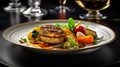 Fillet steak Rossini with dauphinois potatoes, sat on a crouton with foie gras on top, panache of vegetables served.Generative AI