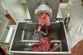 Filling comes out through raw meat grinder sieve. Grinder closeup. Electric mincer machine with fresh chopped meat. Process of