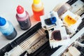 Filling inkjet printer with colored ink. Service for repair and maintenance of office equipment and equipment Royalty Free Stock Photo