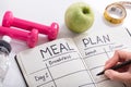 Filling Meal Plan In Notebook At Wooden Desk Royalty Free Stock Photo