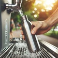 Filling reusable bottle at water station