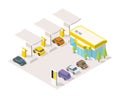 Filling station parking. Refilling fuel, road shop, repair service. Petroleum gas station and cars. Petrol tank