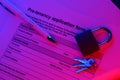 Filling up pre tenancy application form. Tenancy agreement for rental lease and keys Royalty Free Stock Photo