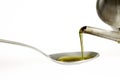 Filling up a tablespoon of extra virgin olive oil from a cruet