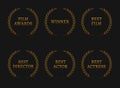 Film academy awards winners and best nominee gold wreaths on black background.