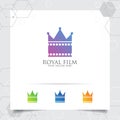 Film cinema logo vector with concept of film stip and crown icon design for recording studio, movie production, director and