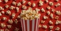 film cinema red bucket background food pop corn box blue popcorn. Generative AI. Royalty Free Stock Photo