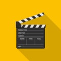 Film clapper board icon on yellow background with shadow. Blank movie clapper cinema