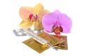 Film-coated tablets, condoms, thermometer with two orchid flowers