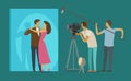 Film crew makes a movie. Cinematograph, cinema, filming concept. Cartoon vector illustration