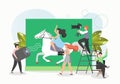 Film crew shooting movie, flat vector illustration. Actress riding horse. Cinematography, filming process.