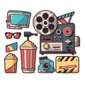 Film decoration, clapper board, celluloid film, popcorn. Summer home cinema. Cartoon vector illustration. label, sticker