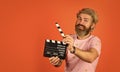 Film director concept. catch the feeling. Professional Actor Ready for Shoot. ready to film new scene. man with movie Royalty Free Stock Photo