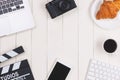 Film director desk with movie clapper board. Top view. Royalty Free Stock Photo