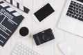 Film director desk with movie clapper board. Top view. Royalty Free Stock Photo