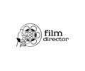 Film director sits on an chair and works on making a film logo design. Video production studio vector design