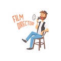 Film director sitting in his chair speaking into a megaphone, cartoon character vector Illustration