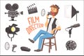 Film Director Sitting With Megaphone Controlling Movie Shooting Process Surrounded By Moviemaking Set Of Ofbjects