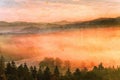 Film effect. Pink daybreak in hilly landcape. Autumn misty morning in a beautiful hills. Peaks of hills