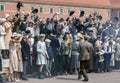 Film extras perform for a movie scene in Castle Square in the Old Town in Warsaw in Poland.