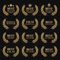 Film Festival Gold Award Set with Laurel Wreath on Black. Best Seller Vector