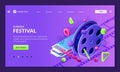 Film festival neon poster or banner design. Film reel and tickets vector 3d isometric illustration. Cinema elements