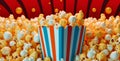 film food red art background bucket cinema box corn blue popcorn. Generative AI. Royalty Free Stock Photo