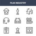9 film industry icons pack. trendy film industry icons on white background. thin outline line icons such as play, videocamera,