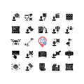 Film making process and staff black glyph icons set on white space