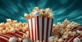 corn salty popcorn red box food cinema bucket blue background film. Generative AI.