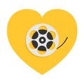 Film movie reel. Heart shape. I love cinema icon. Flat design style. Yellow background. Isolated