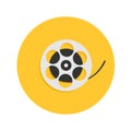 Film movie reel. I love cinema round icon. Flat design style. Yellow background. Isolated