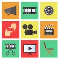 Film, movie and video flat multicolored icons vector set. Minimalistic design. Royalty Free Stock Photo