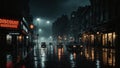 Film noir style image of a rainy city street at night with cars on road the and people walking past illuminated shops and