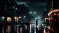 Film noir style image of a rainy city street at night with cars on road and a person in silhouette holding an umbrella walking