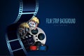 Film reel, clapper board, 3d cinema glasses, popcorn and twisted cinema tape isolated on blue background. Movie poster template Royalty Free Stock Photo