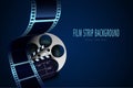 Film reel, clapper board and twisted cinema tape isolated on blue background. Movie poster template with sample text for cinema Royalty Free Stock Photo