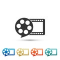 Film reel and play video movie film icon isolated on white background. Set elements in colored icons. Flat design