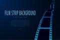 Film reel stripe cinema isolated on blue background. Modern 3d realistic film strip. Vector cinema festival. Movie and film Royalty Free Stock Photo