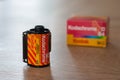 Roll and box of Kodachrome 64, 35mm slide film on a table