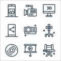 film shooting production line icons. linear set. quality vector line set such as director chair, play, dvd, cinema camera, Royalty Free Stock Photo