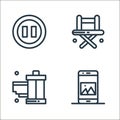 film shooting production line icons. linear set. quality vector line set such as smartphone, film reel, director chair Royalty Free Stock Photo