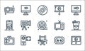 film shooting production line icons. linear set. quality vector line set such as video player, director chair, photo camera, Royalty Free Stock Photo