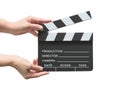 Film slate board or cinema act clapperboard on womanÃ¢â¬â¢s hand with take, action, scence blank copyspace isolated