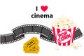 Film strip border with popcorn and tickets isolated on background.White background.